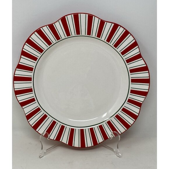 Pier 1 Imports Red Green Stripe Candy Cane 11” Dinner Plate Scalloped Christmas - Picture 1 of 9